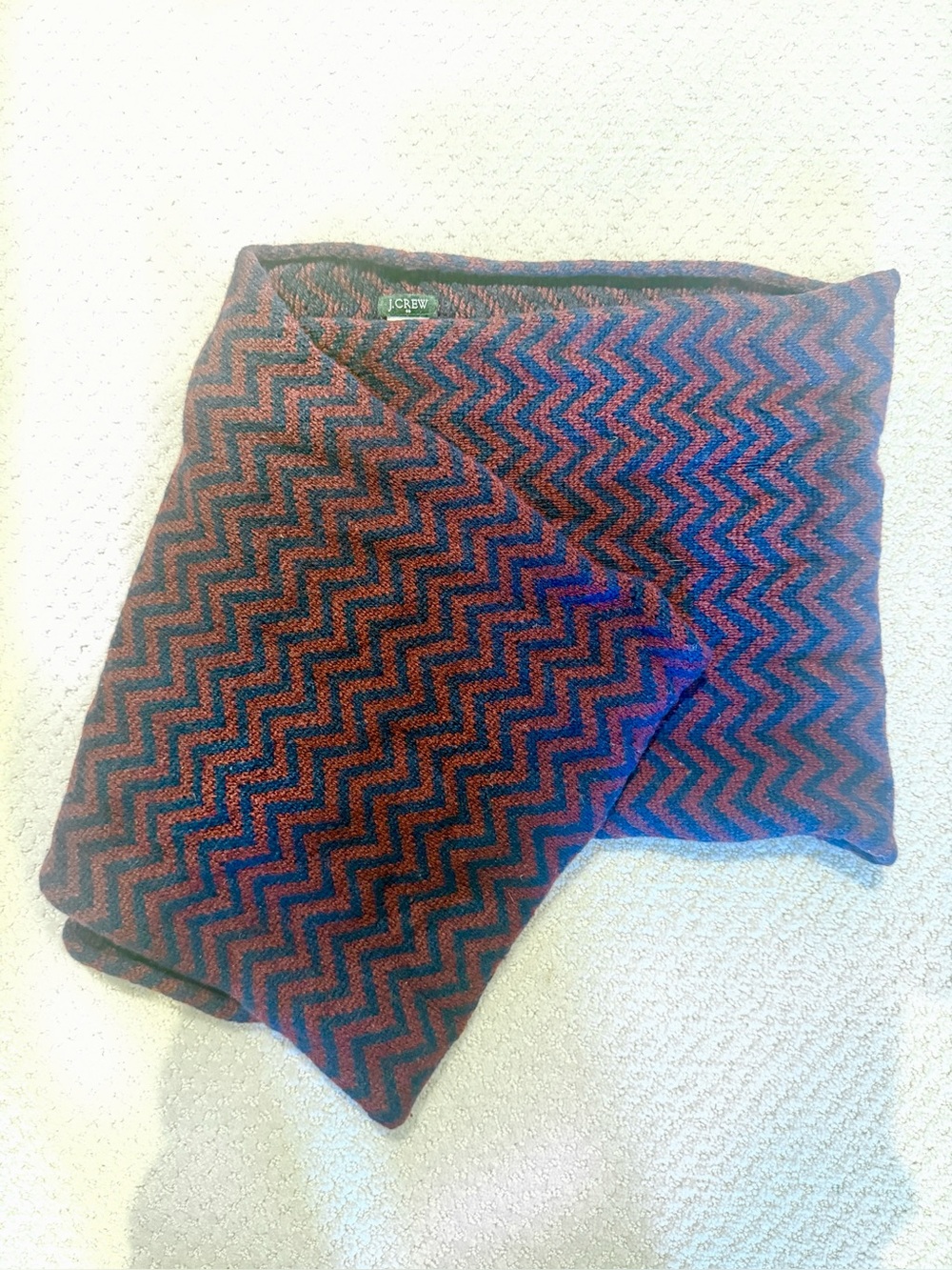 J.Crew Wool Blend Circle Scarf Burgundy Navy ZigZag Chevron Pattern